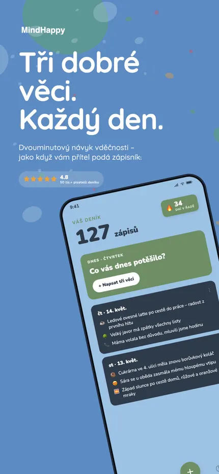 Úvodní obrazovka MindHappy s dnešními třemi dobrými věcmi