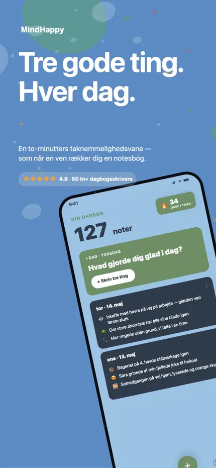 MindHappys startskærm med dagens tre gode ting