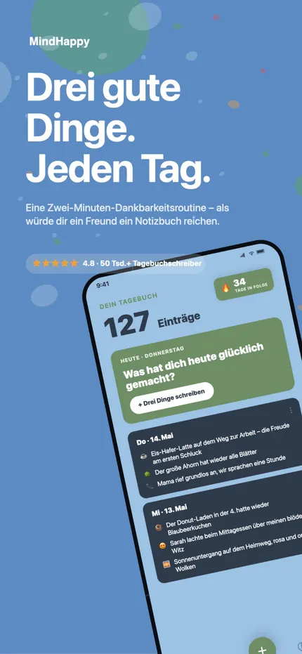Der MindHappy-Startbildschirm mit den drei guten Dingen von heute