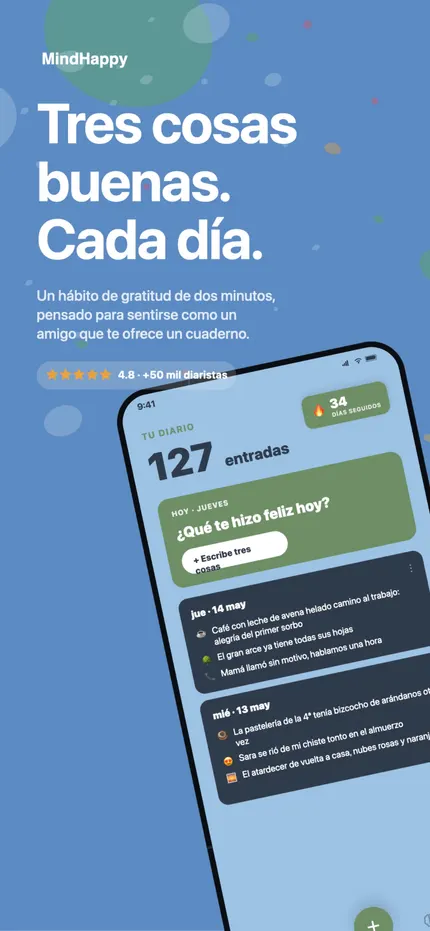 La pantalla de inicio de MindHappy con las tres cosas buenas de hoy