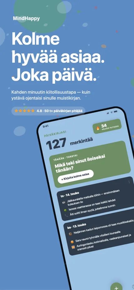 MindHappyn aloitusnäyttö ja päivän kolme hyvää asiaa