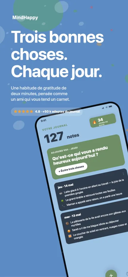 L'écran d'accueil de MindHappy avec les trois bonnes choses du jour