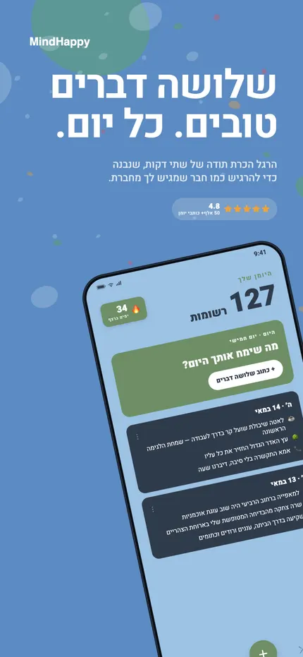 מסך הבית של MindHappy עם שלושת הדברים הטובים של היום
