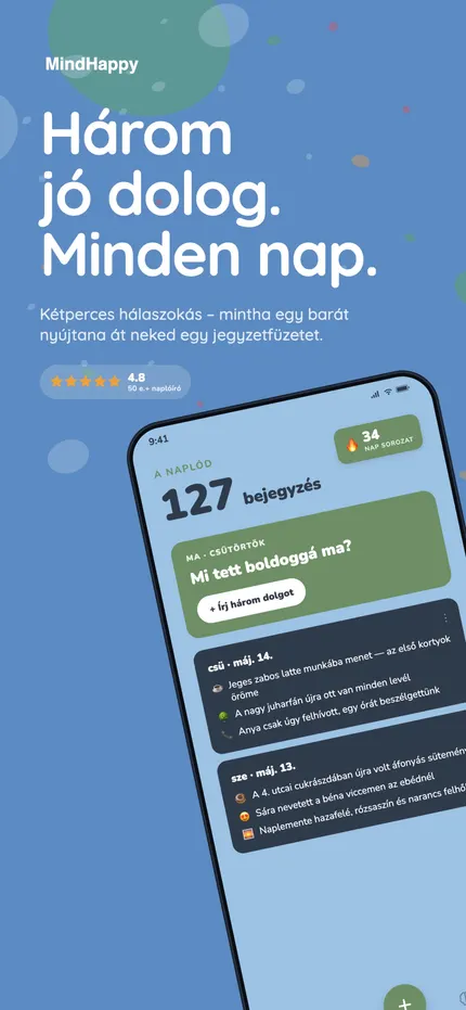 A MindHappy kezdőképernyője a mai három jó dologgal