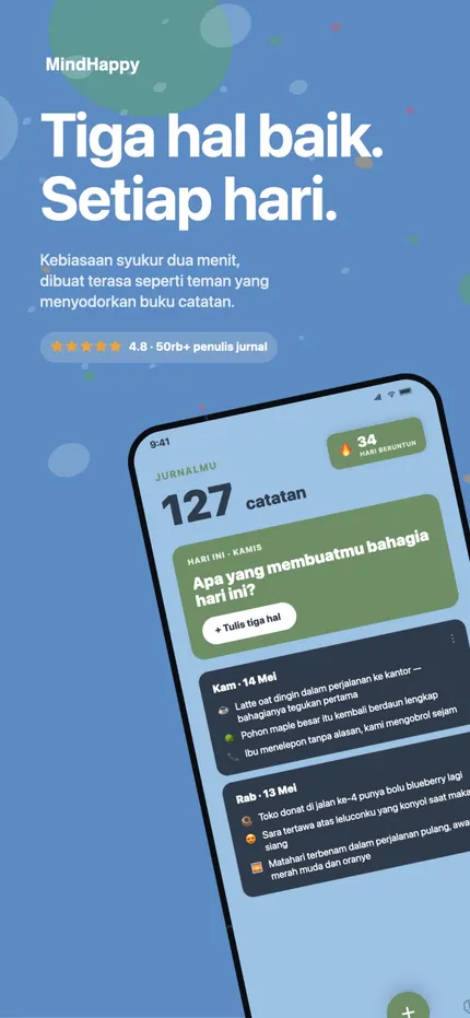 Layar beranda MindHappy dengan tiga hal baik hari ini