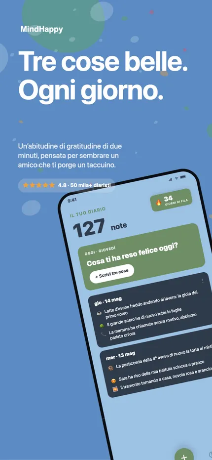 La schermata iniziale di MindHappy con le tre cose belle di oggi