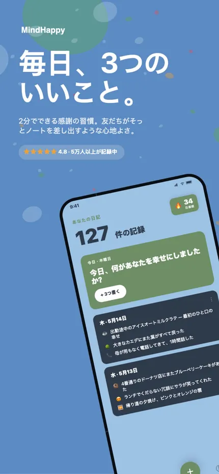 今日の3つの良いことが並ぶMindHappyのホーム画面
