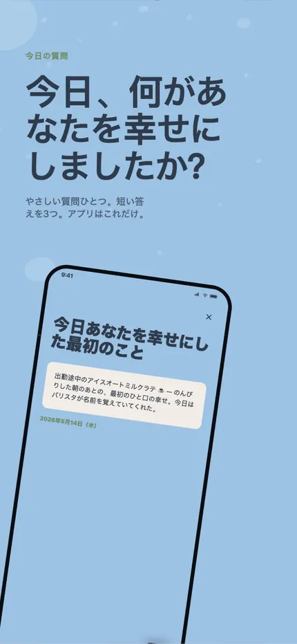 MindHappyで記録を書く画面。その日について3行の短い文