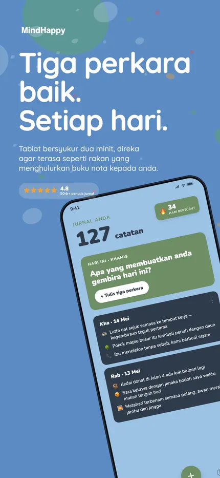 Skrin utama MindHappy memaparkan tiga perkara baik hari ini