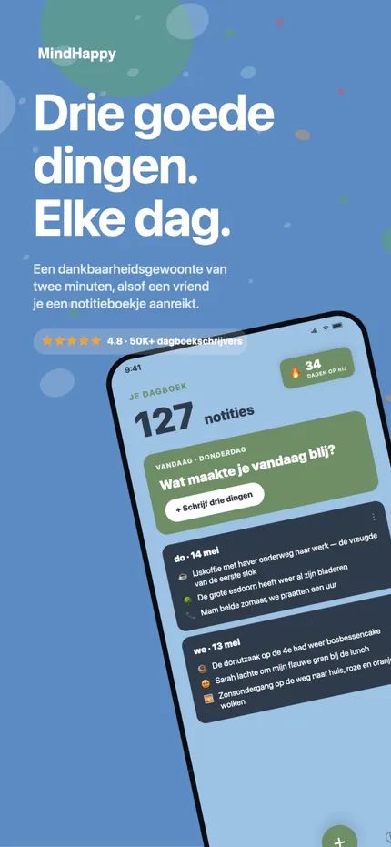 Het MindHappy-startscherm met de drie goede dingen van vandaag