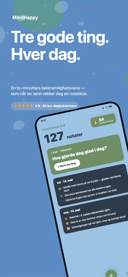 MindHappys startskjerm med dagens tre gode ting