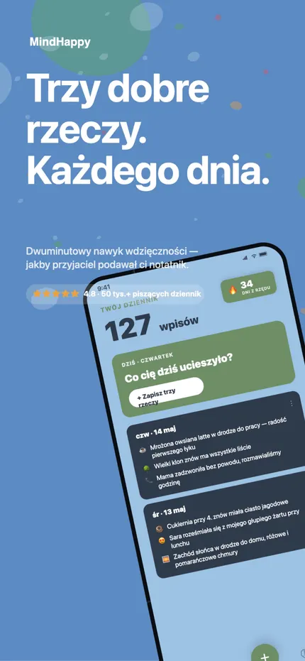 Ekran główny MindHappy z dzisiejszymi trzema dobrymi rzeczami