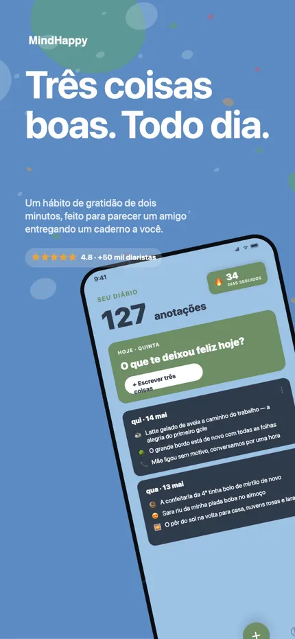 A tela inicial do MindHappy com as três coisas boas de hoje