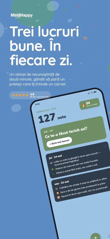 Ecranul principal MindHappy cu cele trei lucruri bune de azi