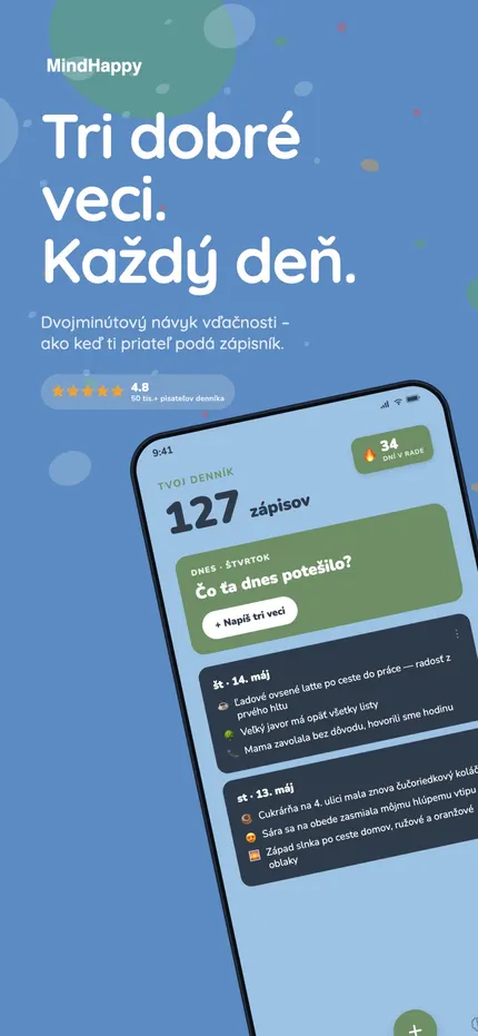 Úvodná obrazovka MindHappy s dnešnými tromi dobrými vecami