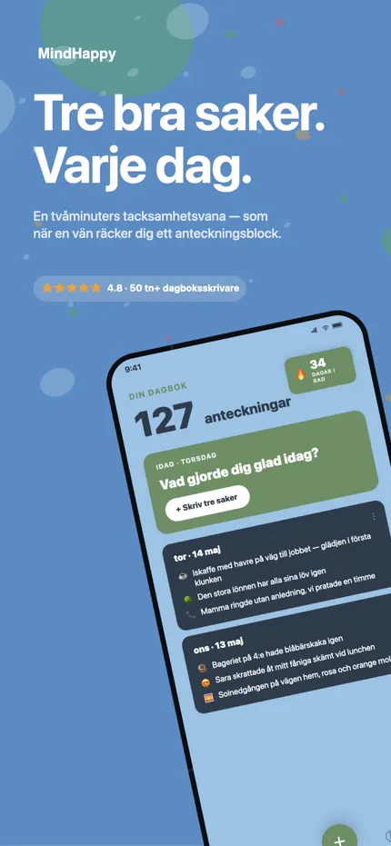 MindHappys startskärm med dagens tre bra saker