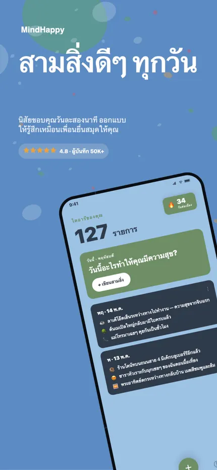 หน้าจอหลักของ MindHappy แสดงสามเรื่องดีของวันนี้