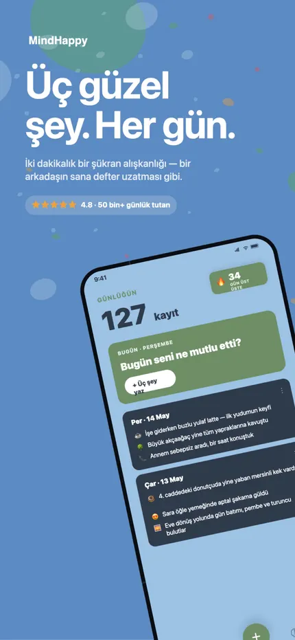 MindHappy ana ekranı ve bugünün üç güzel şeyi