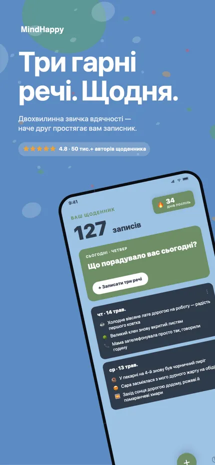 Головний екран MindHappy з трьома хорошими речами за сьогодні