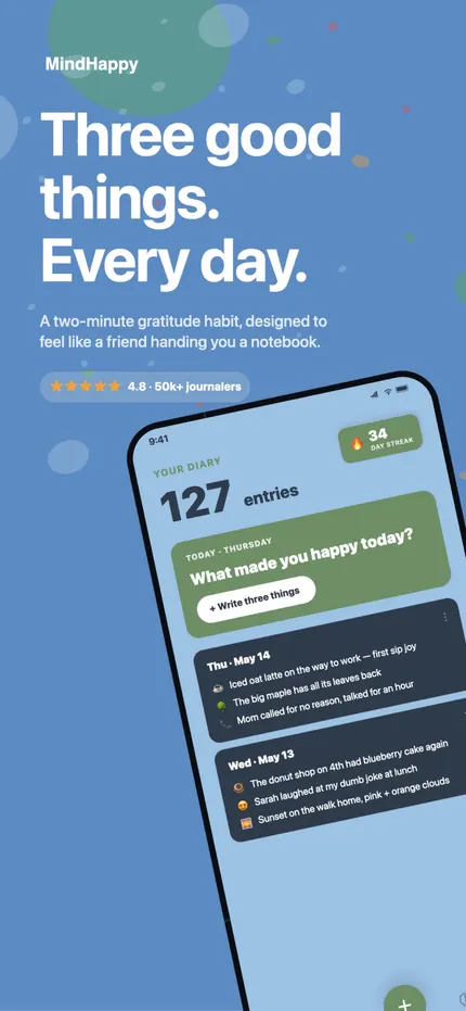 MindHappy کی ہوم اسکرین، جس پر آج کی تین اچھی باتیں نظر آ رہی ہیں